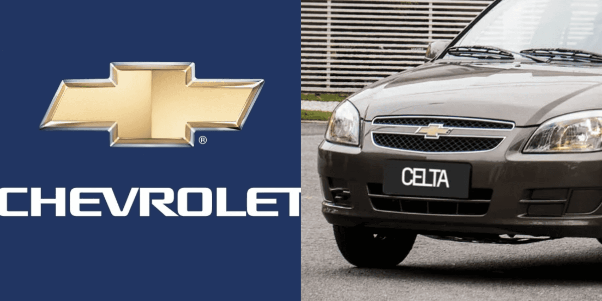 Marca Chevrolet e carro Celta (Reprodução/Montagem TV Foco)
