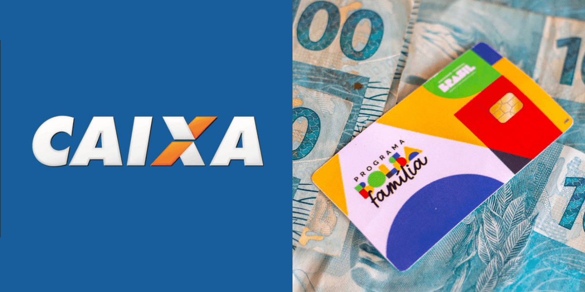 Logo da Caixa e cartão do Bolsa Família (Reprodução/Montagem TV Foco)
