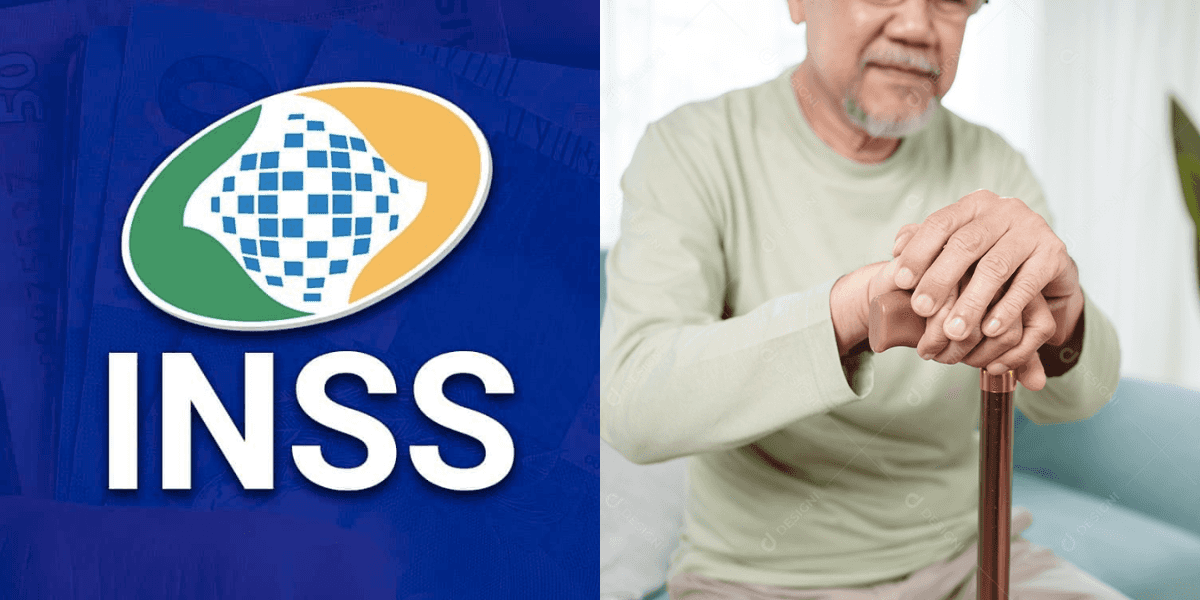 Logo do INSS e idoso com uma bengala (Reprodução/Montagem TV Foco)