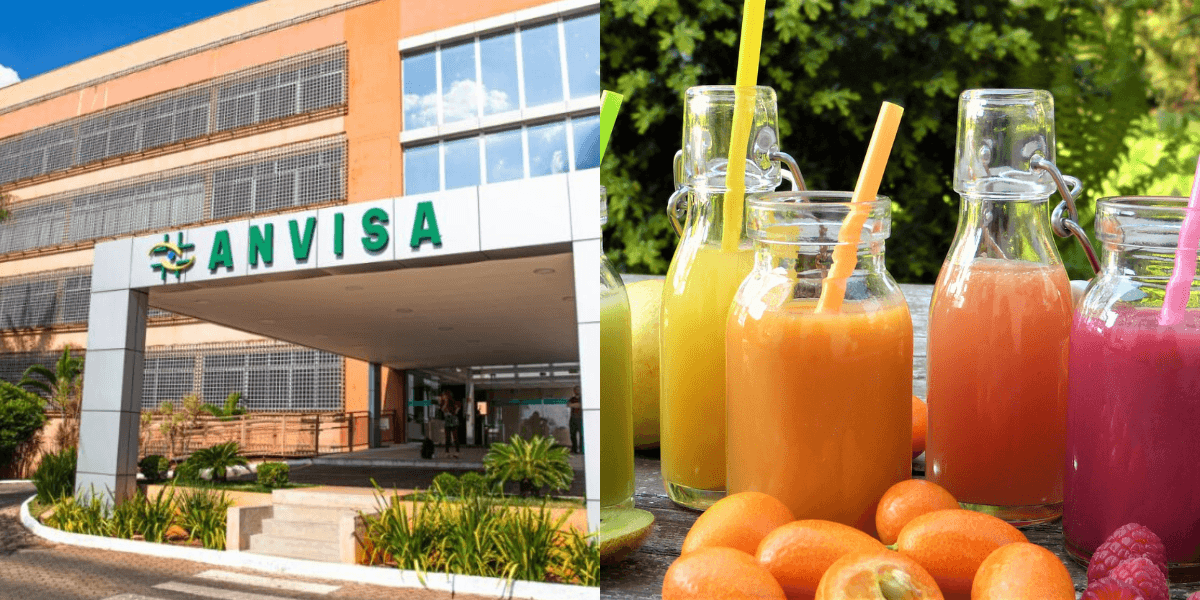 Fachada da Anvisa e imagem ilustrativa de suco (Reprodução/Montagem TV Foco)