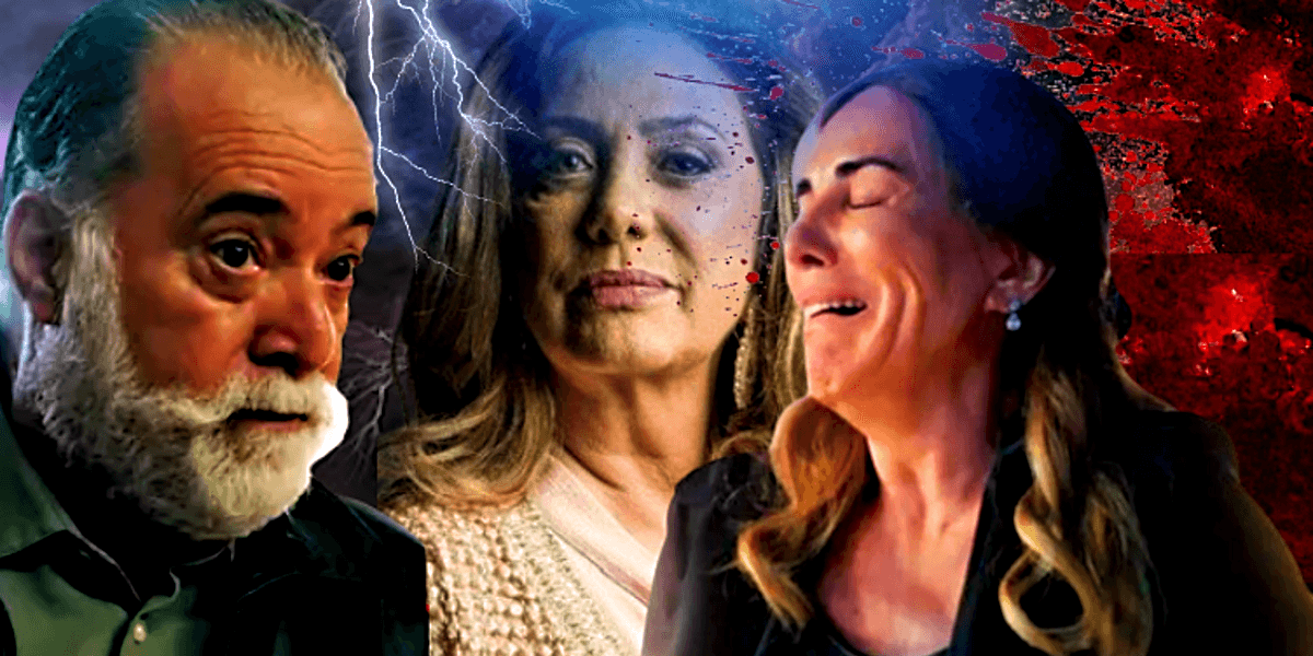 Antônio apunhala Irene pelas costas, ao lado de Agatha e dá um tiro em personagem, em Terra e Paixão, novela da Globo (Foto Reprodução/Montagem/Tv Foco)