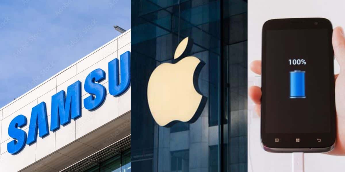 Logo da Samsung, Apple e celular carregando - montagem: Tv foco