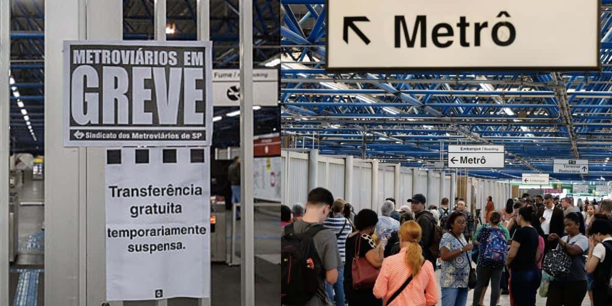 Anúncio greve e pessoas no metrô (Fotos: Reproduções / Internet)