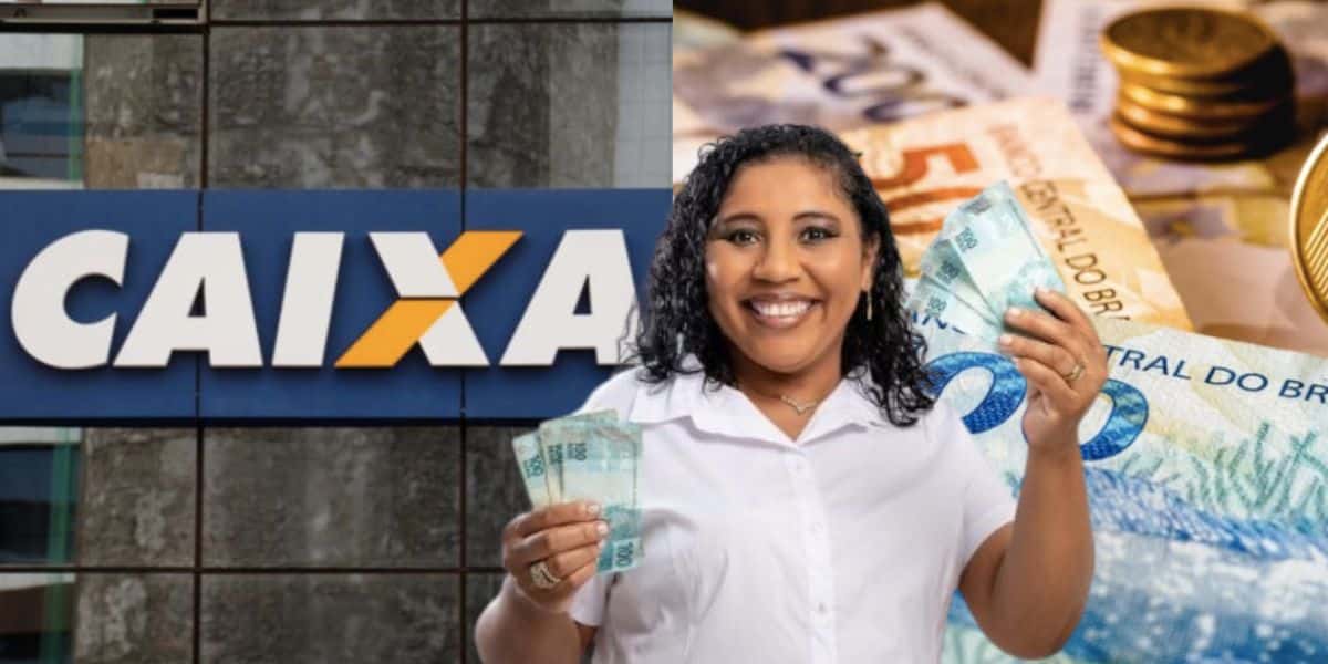 Agência da Caixa, notas de dinheiro e mulher comemorando (Fotos: Reproduções / Internet / Freepik)