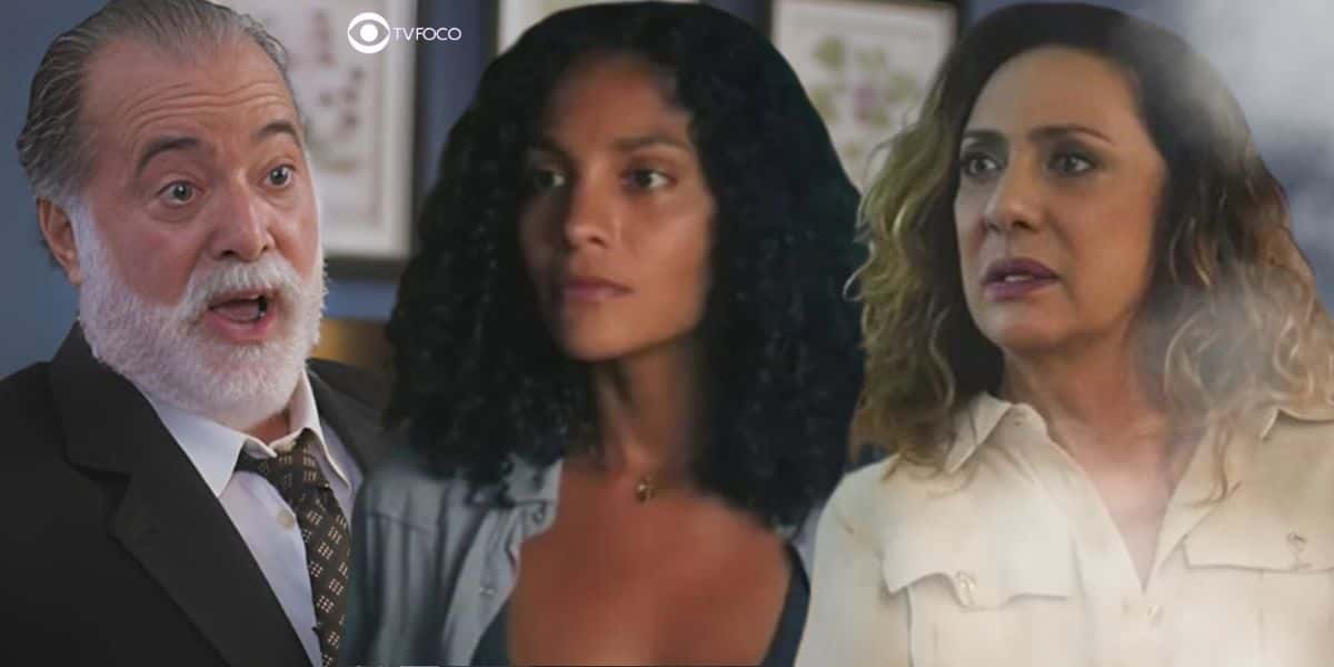 Antônio, Aline e Agatha em Terra e Paixão (Foto: Reprodução / Globo / Montagem TV Foco)