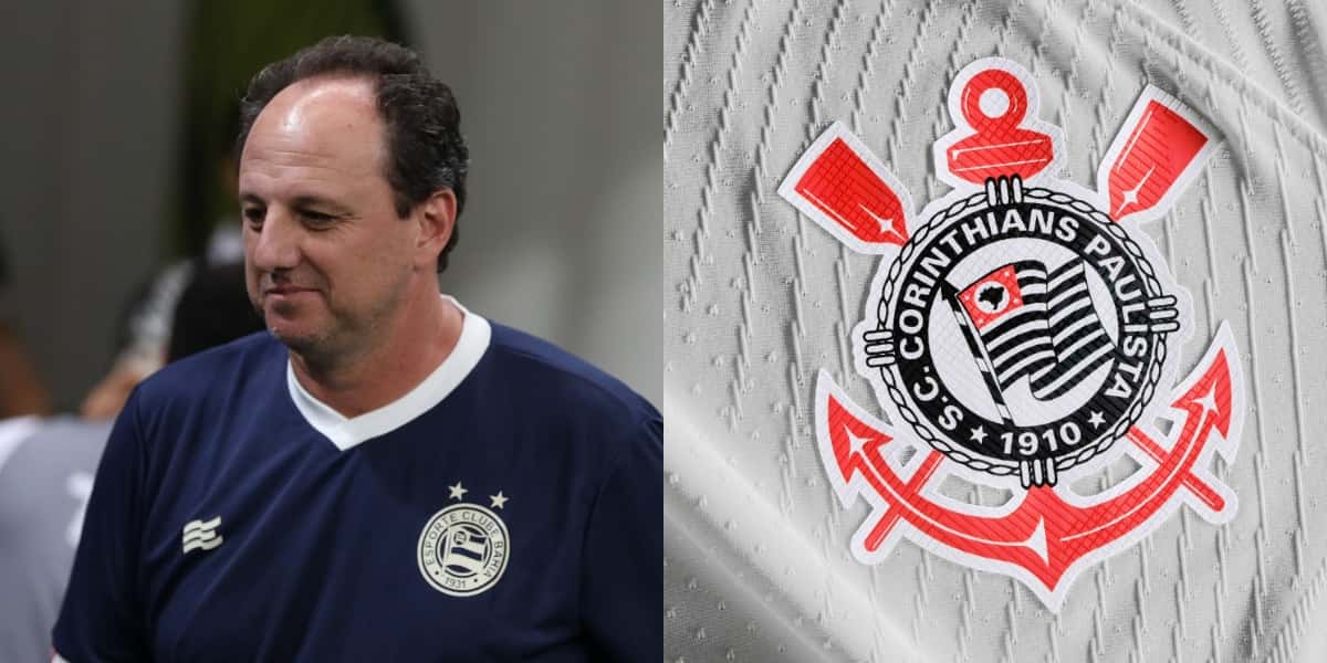Rogério Ceni, técnico do Bahia, e o logo do Corinthians (Foto: Divulgação)