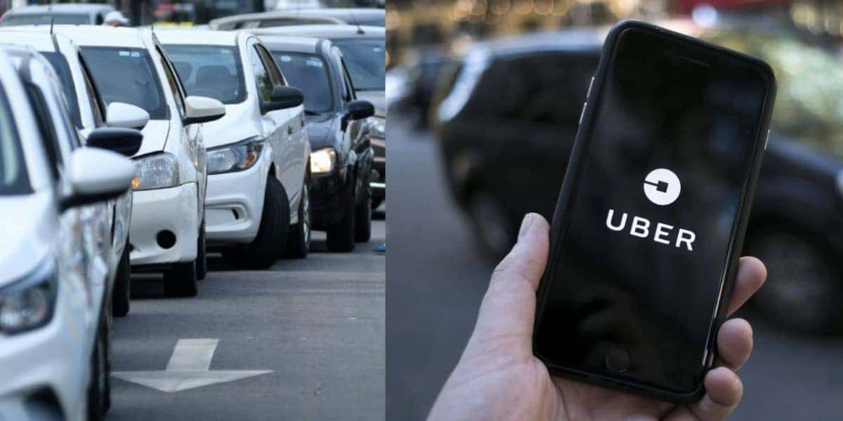 Carros parados e aplicativo da Uber (Fotos: Reproduções / Internet)