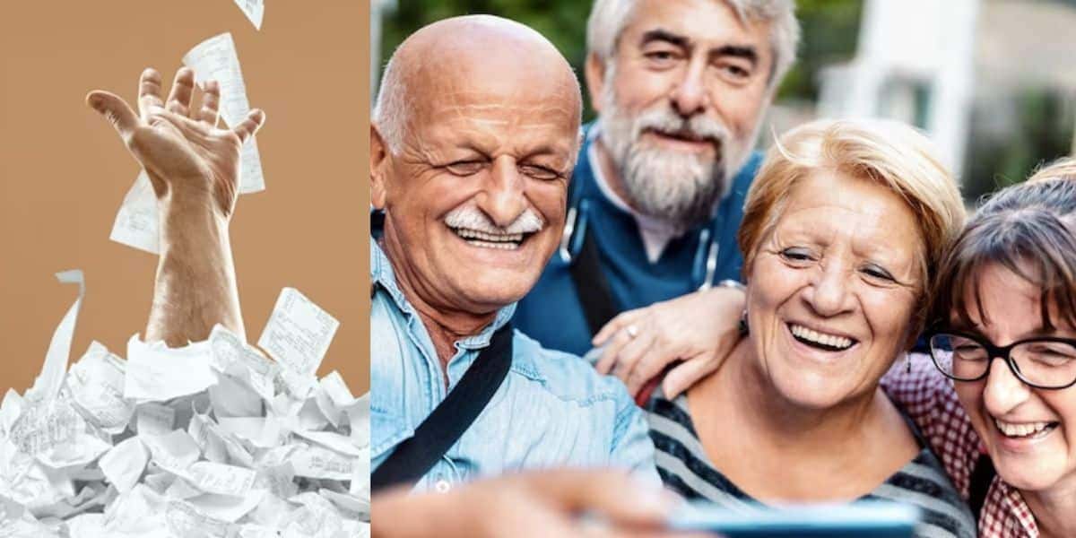 Dívidas e idosos felizes (Fotos: Reproduções/ Freepik/ Montagem)