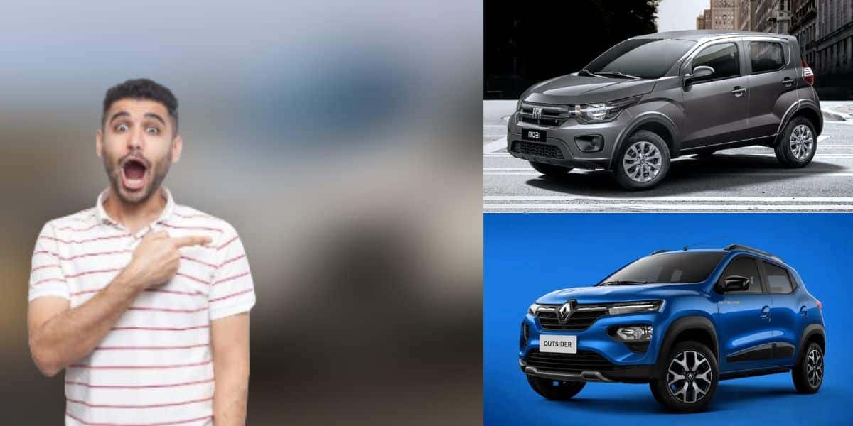 Homem chocado, carro, Mobi e Kwid (Fotos: Reproduções / Freepik / Montadoras)