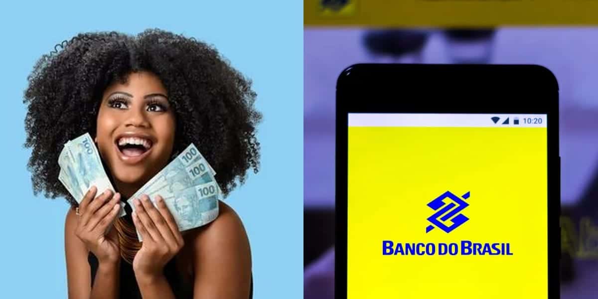 Mulher segurando notas de cem reais e aplicativo do Banco do Brasil (Fotos: Reproduções / Freepik / Montagem TV Foco)