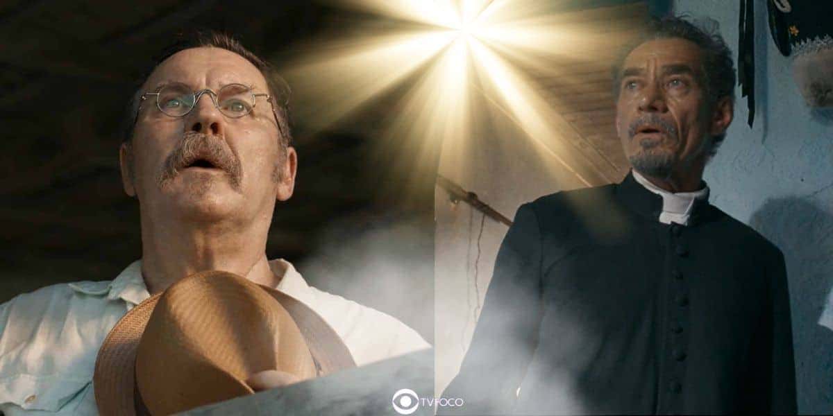 Belarmino (Antonio Calloni) e padre Santo (Chico Diaz) em Renascer (Foto: Reprodução / Globo / Montagem TV Foco)