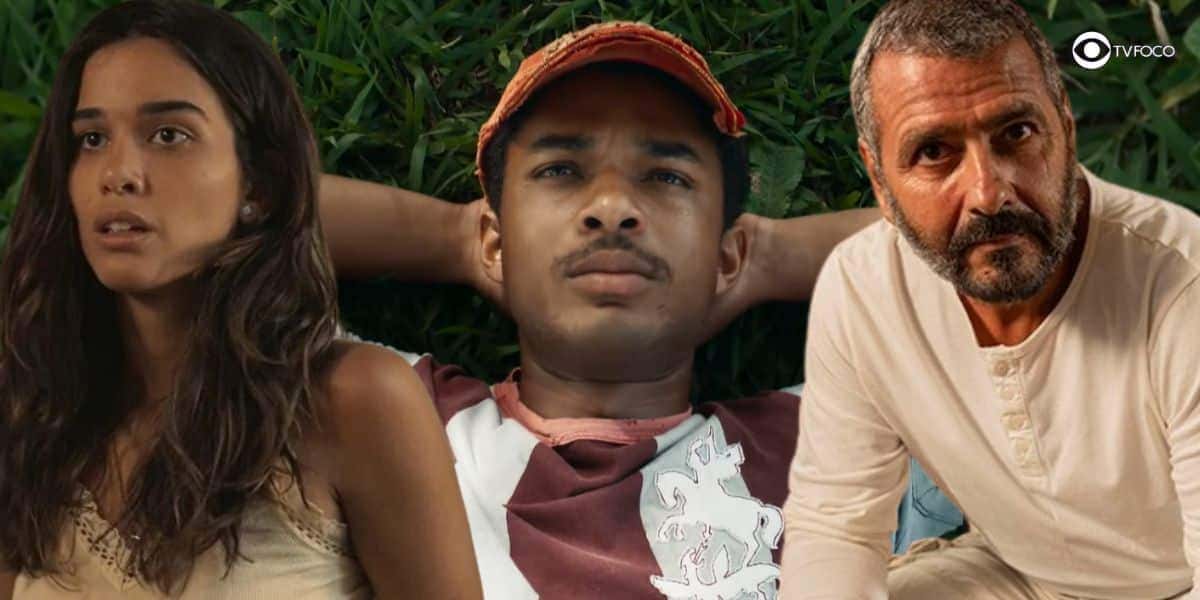 Mariana (Thereza Falcão), João Pedro (Juan Paiva) e José Inocêncio (Marcos Palmeira) em Renascer (Foto: Reprodução / Globo / Montagem TV Foco)