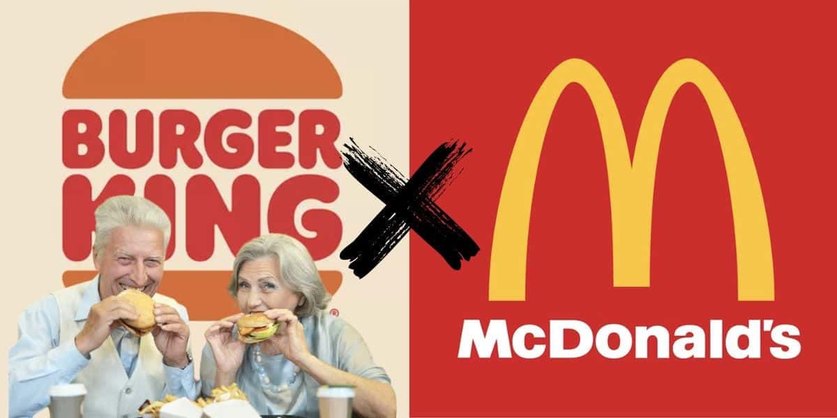 Logo do Burger King com idosos comendo hamburguer e logo do Mcdonalds (Reprodução/Montagem/Depositphotos)