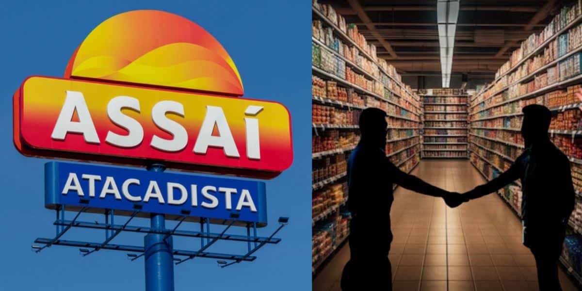 Assaí, mercado e homens fechando negócio (Fotos: Reproduções / Internet / Freepik)