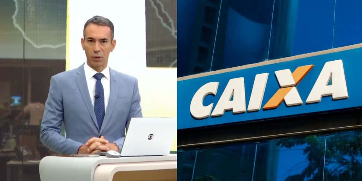 César Tralli no Jornal Hoje e agência da Caixa (Fotos: Reproduções / Globo / Internet)