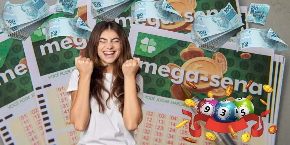 Mega-Sena, notas de cem reais, mulher comemorando, moedas e bolas (Fotos: Reproduções / Internet / Freepik)
