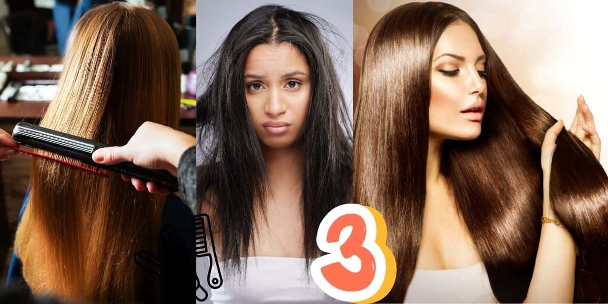 Mulher fazendo chapinha, mulher com frizz e mulher com cabelo liso (Foto: Reprodução / Canva)