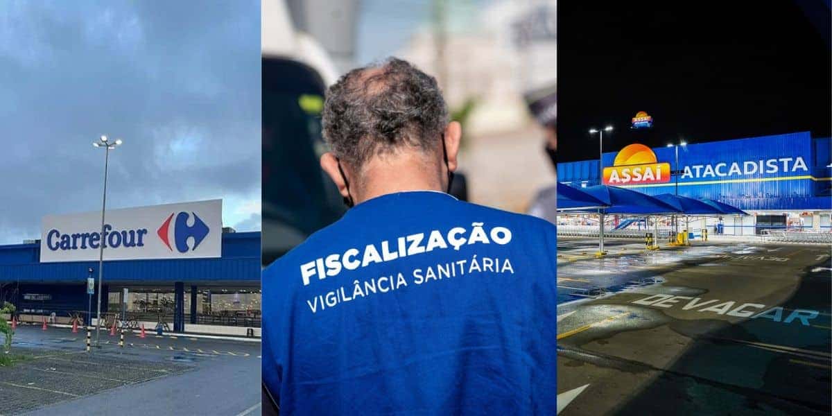 Carrefour e Assaí são flagrados pela vigilância sanitária (Montagem/Canva/Secretaria da Saúde)