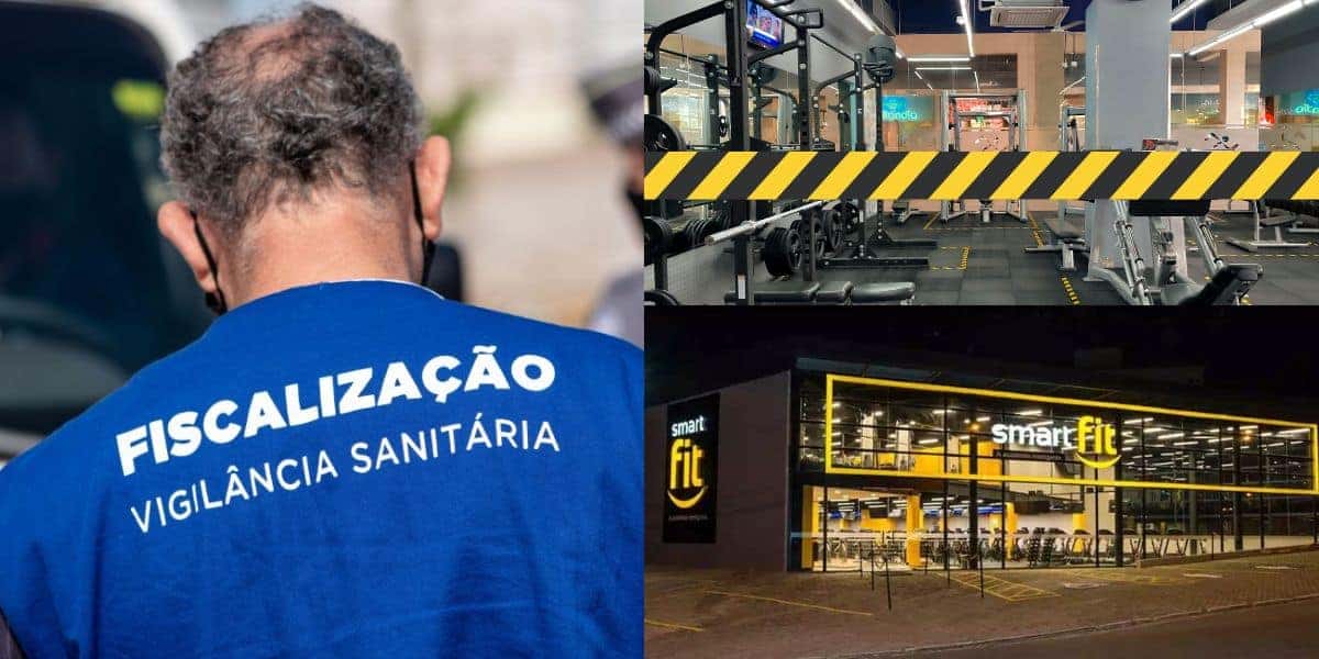 Funcionário Vigilância Sanitária, academia e Smartfit (Fotos: Reproduções / Internet / Canva)