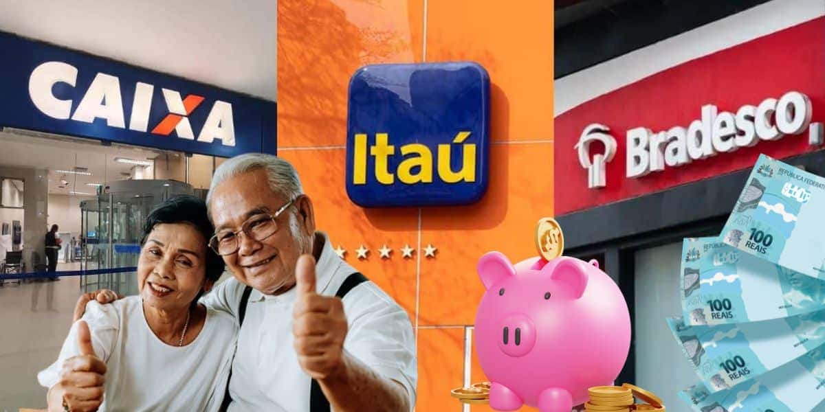 Fachadas da Caixa, Itaú e Bradesco; e idosos e conta poupança (Foto: Reprodução / Canva / Montagem TV Foco)