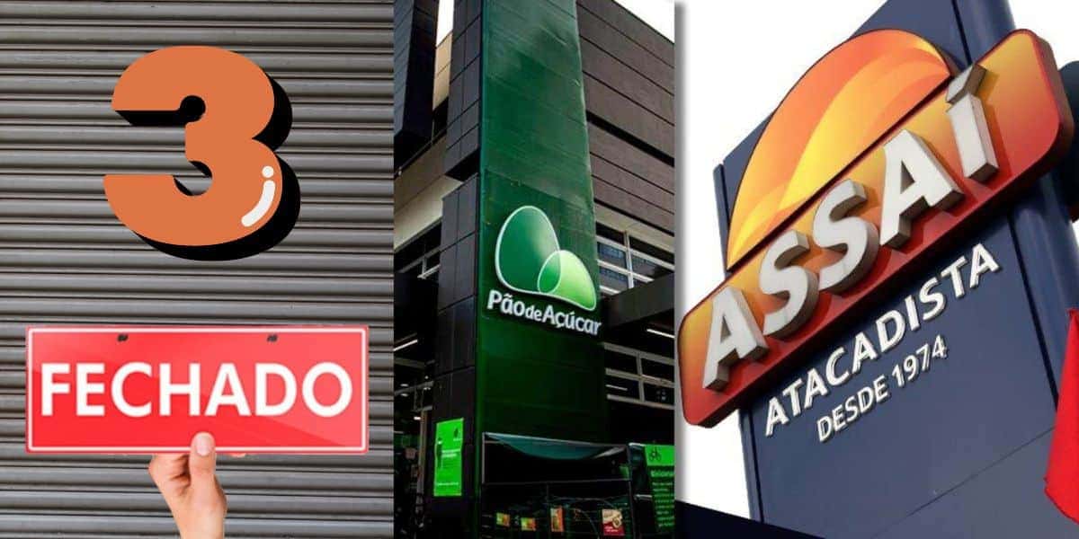 Supermercados fechado e fachada do Pão de Açúcar e Assaí (Foto: Reprodução / Invest News / Canva / Montagem TV Foco)