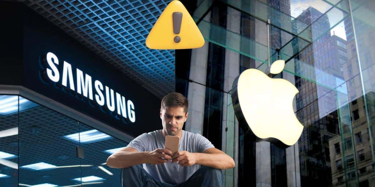 Fachadas da Samsung e Apple e cliente insatisfeito (Foto: Reprodução / Canva / Montagem TV Foco)