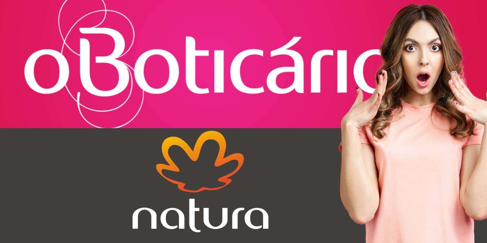 Logo Boticário, Natura e mulher chocada (Fotos: Reproduções / Internet / Canva)