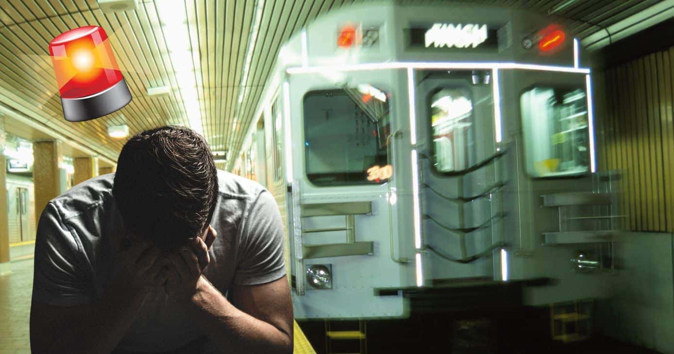 Ilustração alerta, homem chorando e metrô (Fotos: Reproduções / Canva)