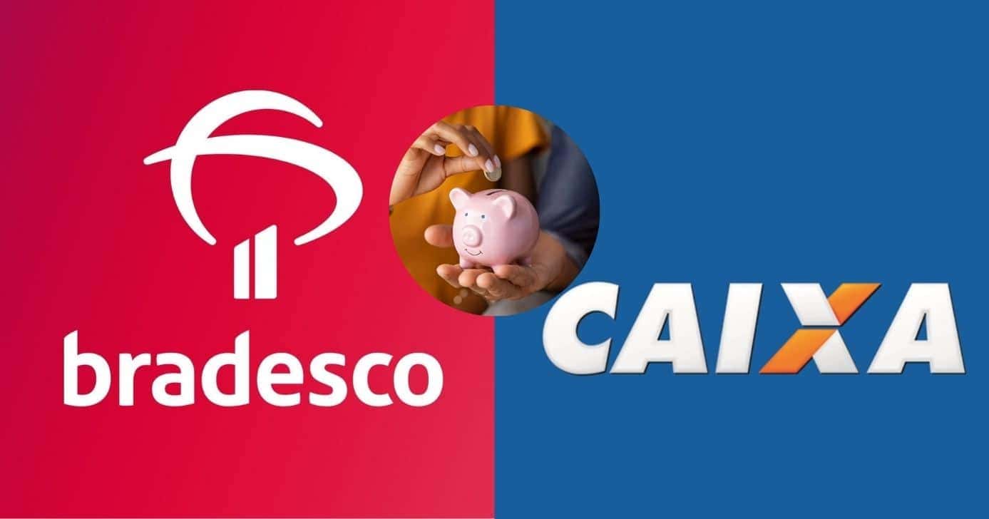 Bradesco, ilustração poupança e Caixa (Fotos: Reproduções / Internet / Canva)