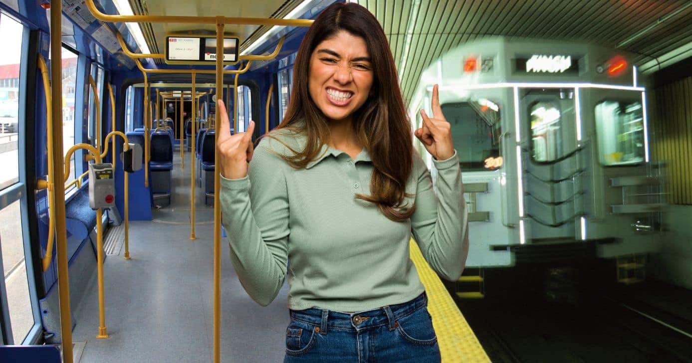 Ônibus, mulher comemorando e metrô (Fotos: Canva)