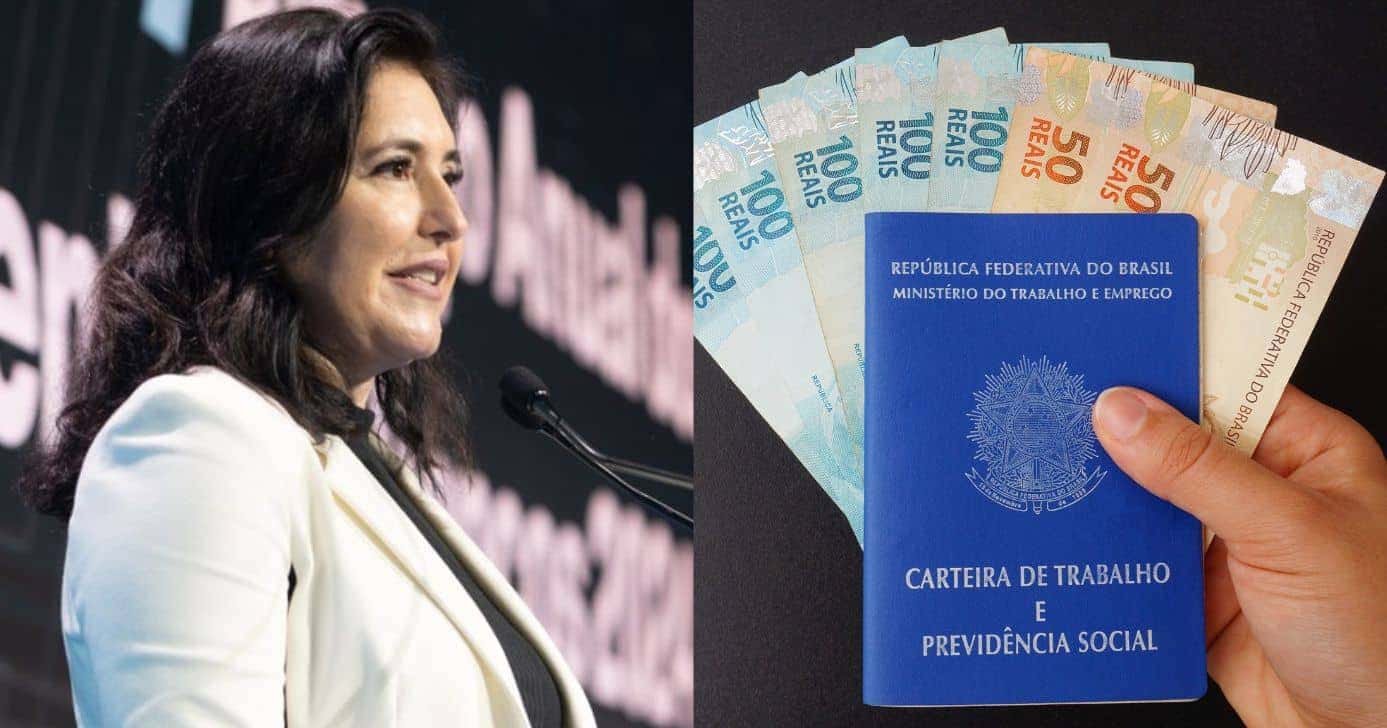 Simone Tebet durante evento e carteira de trabalho (Fotos: Reproduções / Governo Federal / Canva)