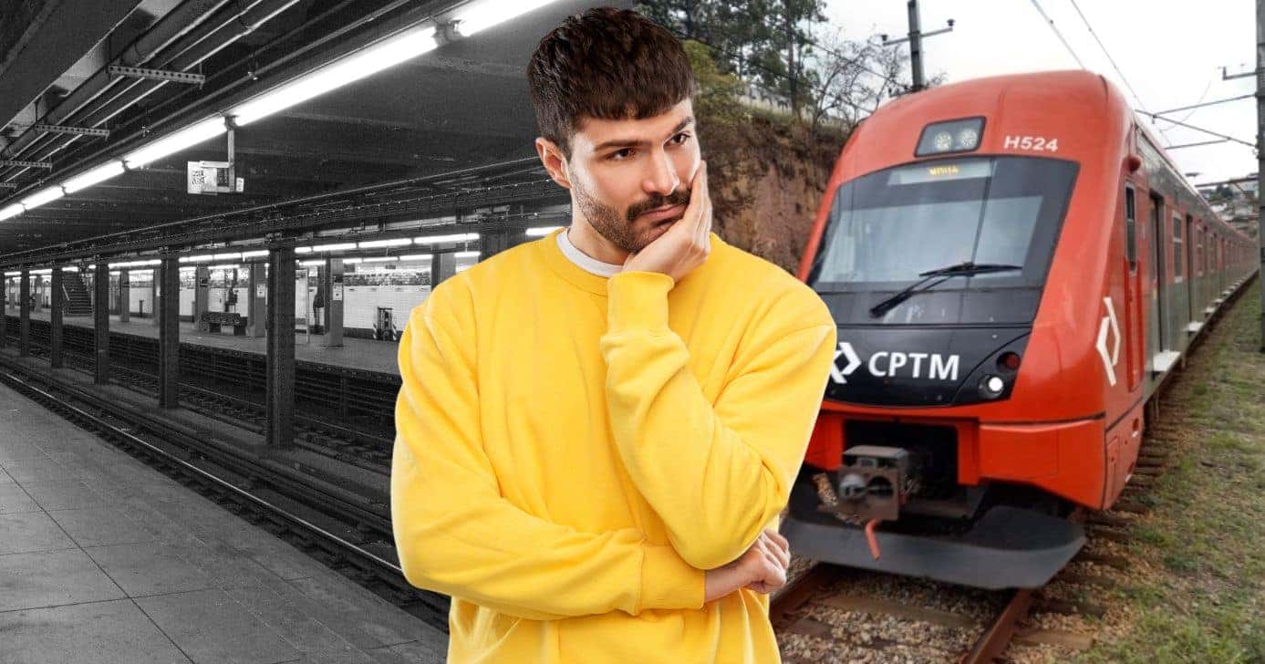 Ilustração metrô, homem triste e CPTM (Fotos: Reproduções / Canva / William Cardoso/Metrópoles)