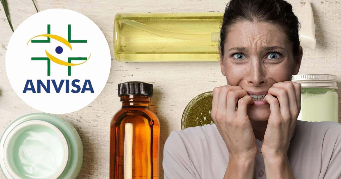 Logo Anvisa, cosméticos e mulher assustada (Fotos: Reproduções / Internet / Canva)