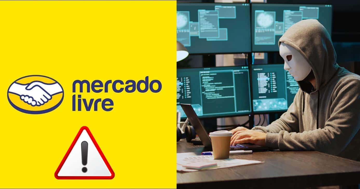 Logo Mercado Livre, ilustração alerta e golpista (Fotos: Reproduções / Internet / Canva)