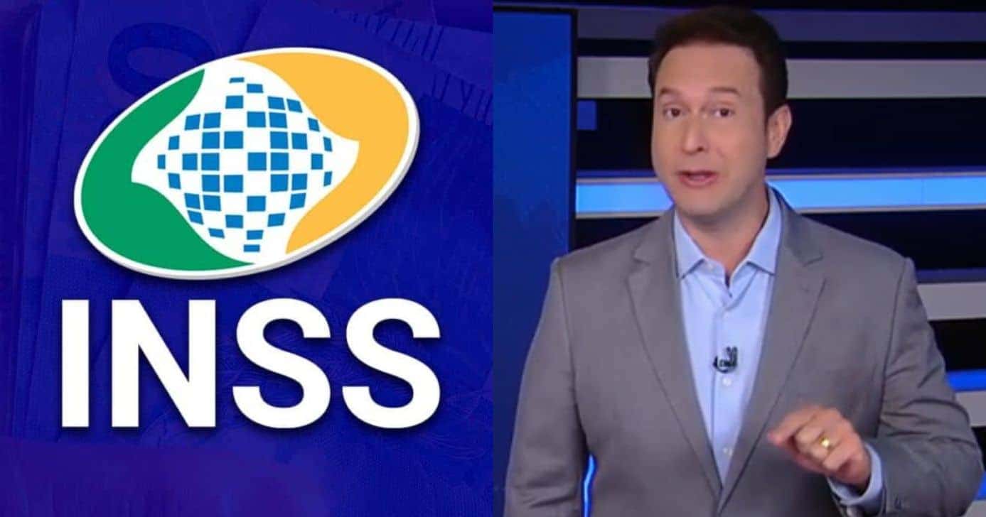 Logo do INSS e Eduardo Ribeiro no Jornal da Record (Fotos: Reproduções / Internet / Record)