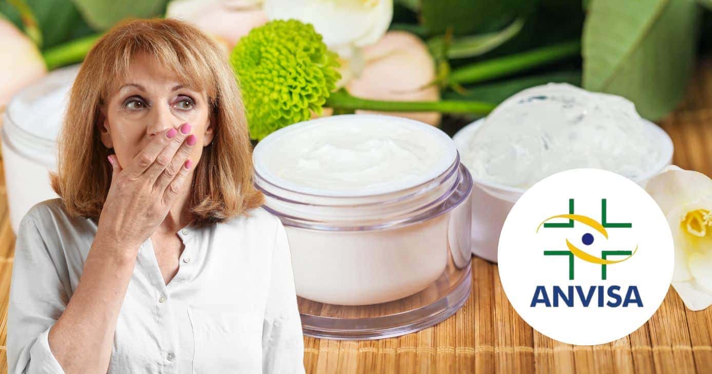 Mulher chocada, cremes e logo da Anvisa (Fotos: Reproduções / Canva / Internet)