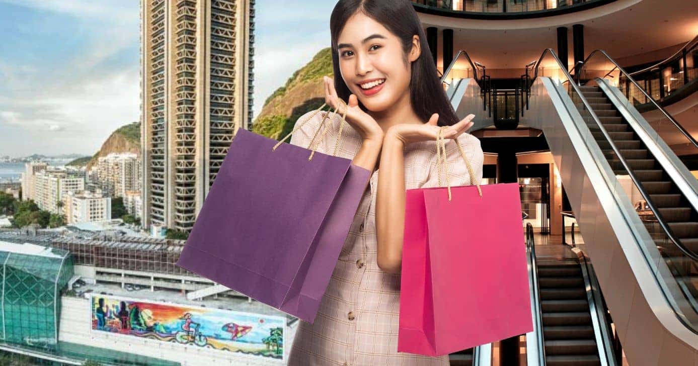 RioSul, mulher com compras e shopping (Fotos: Reproduções / Divulgação RioSul / Canva)