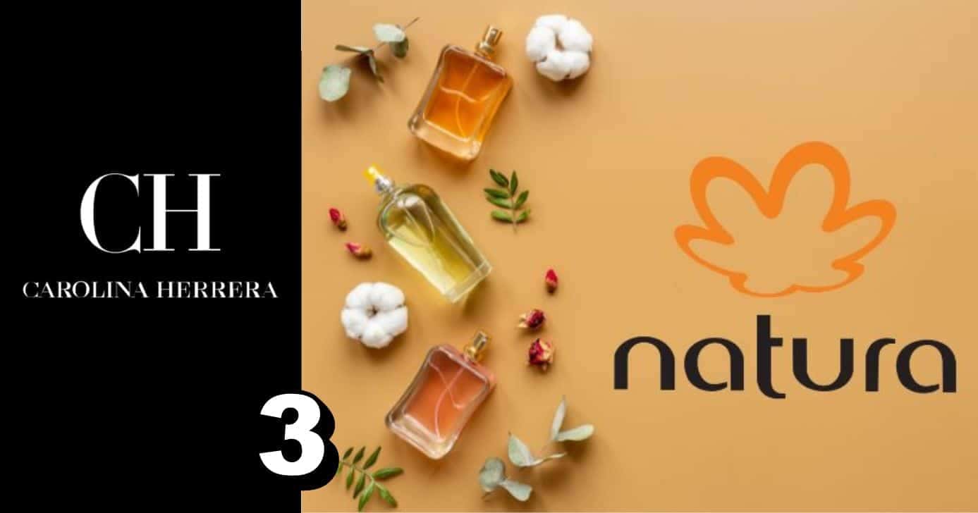 Carolina Herrera e perfumes Natura (Foto: Reprodução / Site da Marca / Canva / Montagem TV Foco)