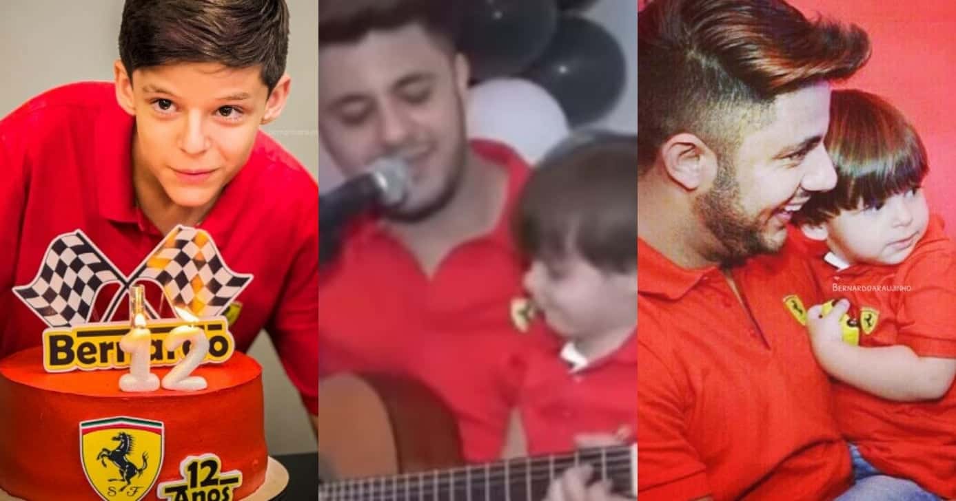Filho de Cristiano Araújo, Bernardo usa camisa do pai em aniversário de 12 anos (Foto: Reprodução/Montagem TV Foco)