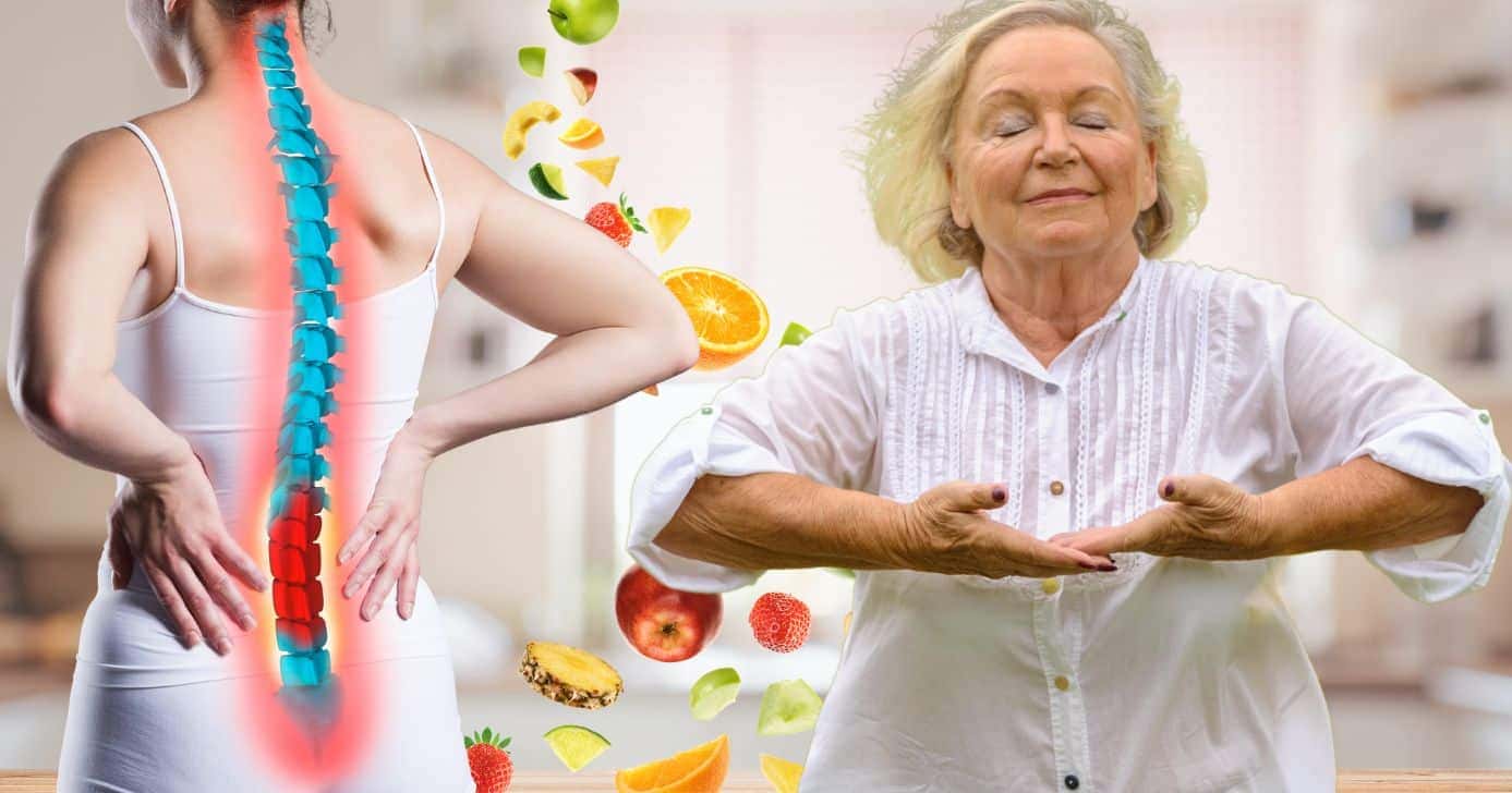 Ilustração osteoporose, frutas e idosa (Fotos: Canva)