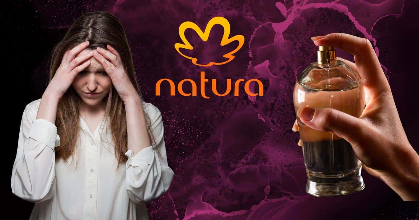 Mulher triste, logo Natura e perfume (Fotos: Reproduções / Canva / Internet)
