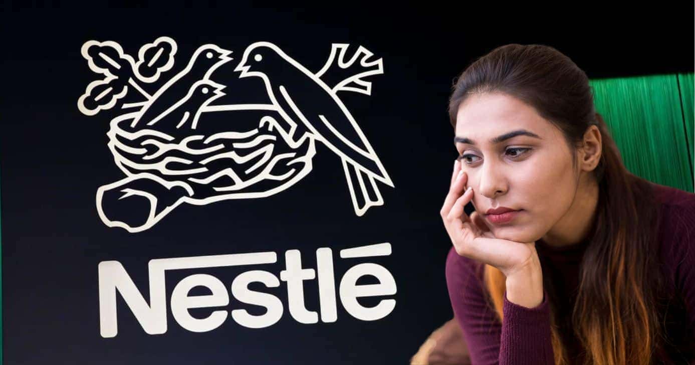 Nestlé e mulher triste (Fotos: Reproduções / Gianluca Colla / Bloomberg News / Canva)