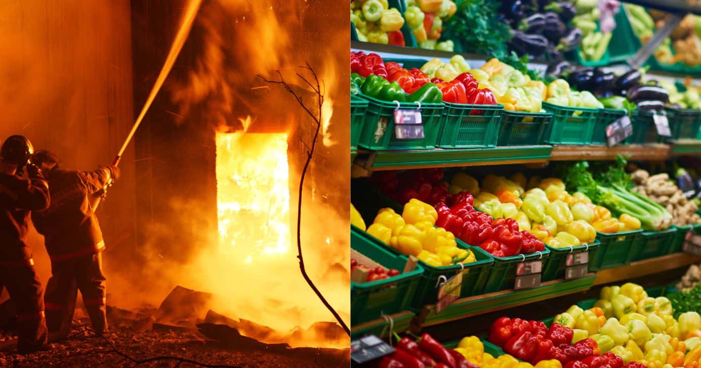 Ilustração incêndio e mercado (Fotos: Canva)
