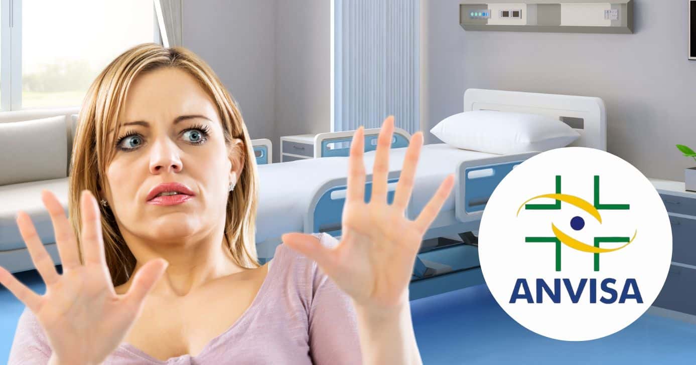 Mulher assustada, hospital e logo Anvisa (Fotos: Reproduções / Canva / Internet)