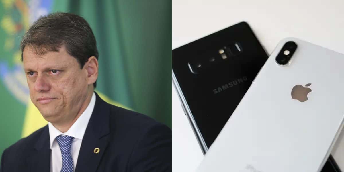 Lei sancionada por Tarcísio com proibição que atinge Samsung e Apple (Reprodução: Montagem TV Foco)