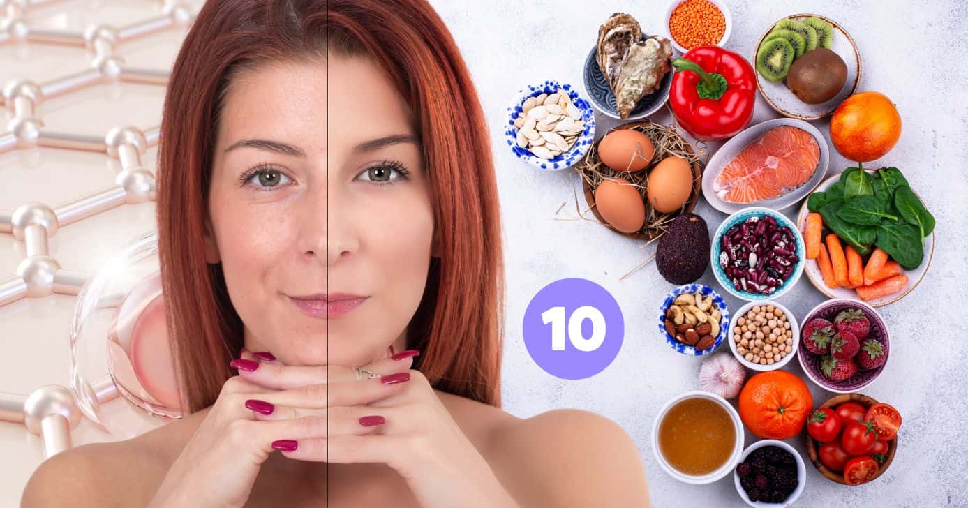 Mulher com pele de porcelana e alimentos para turbinar o colágeno (Foto: Reprodução / Globo / Montagem TV Foco)