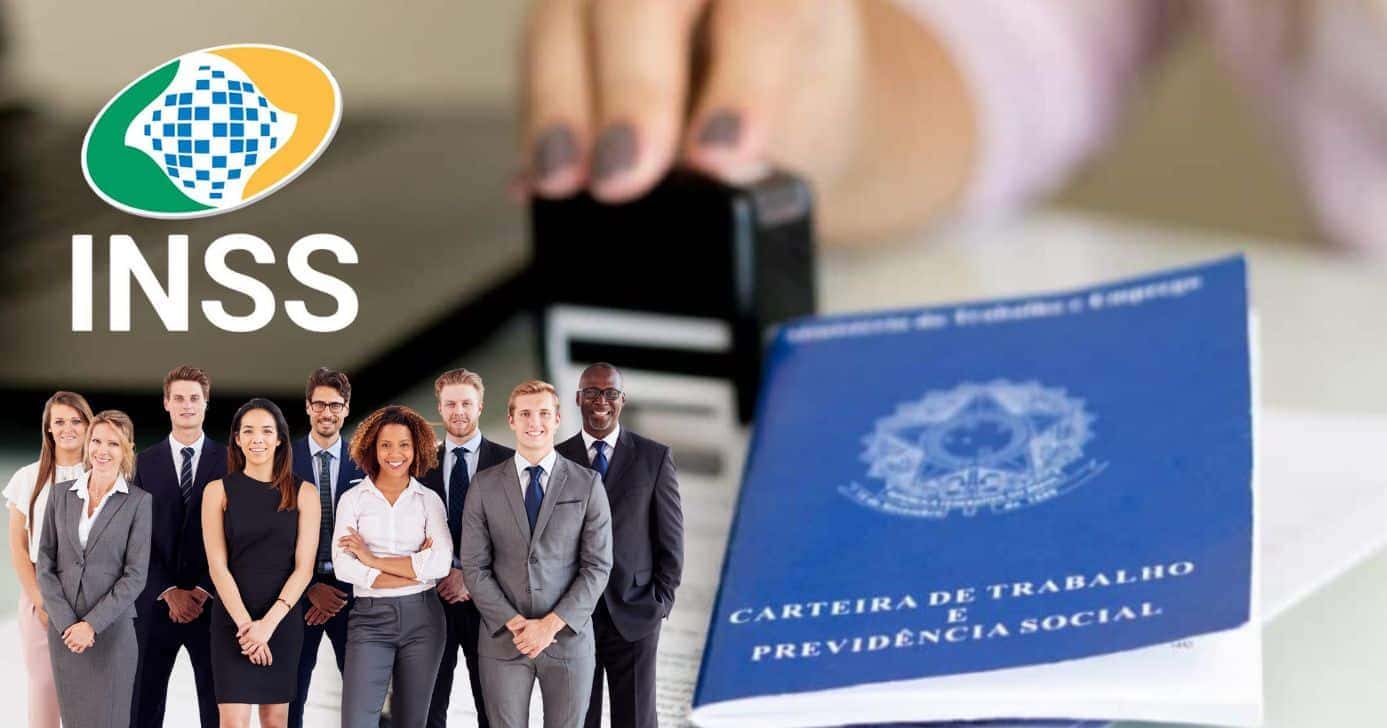 Trabalhadores, carteira de trabalho e logo do INSS (Foto: Reprodução / Canva / Montagem TV Foco)