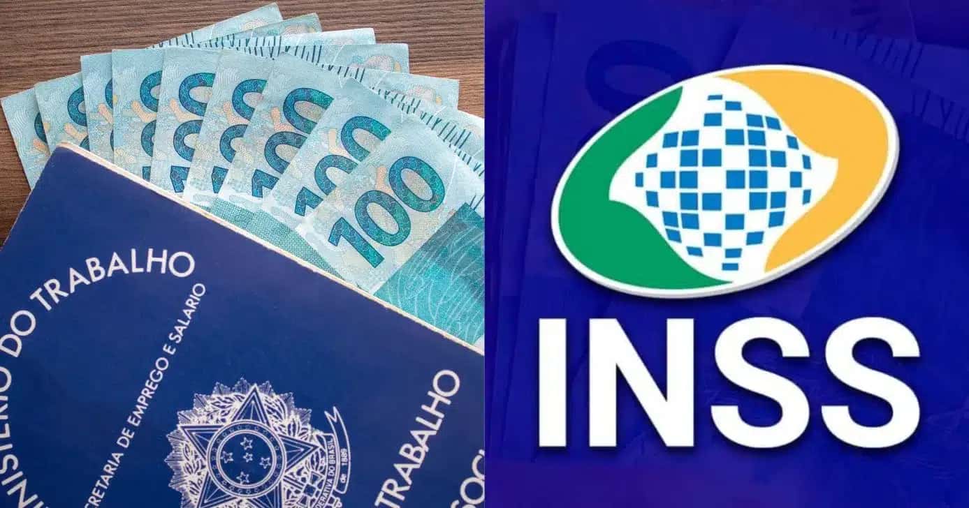 Carteira de trabalho, notas de cem reais e logo do INSS (Fotos: Reproduções / Canva / Internet)