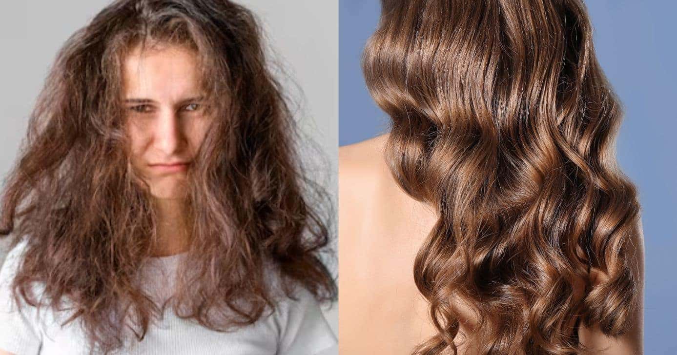 Ilustração cabelo com frizz e sem (Fotos: Freepik / Canva)