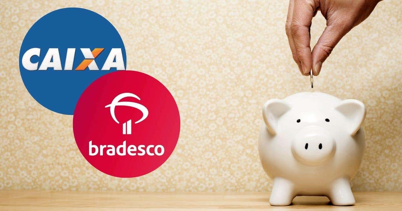 Logo Caixa, Bradesco e ilustração poupança (Fotos: Reproduções / Internet / Canva)